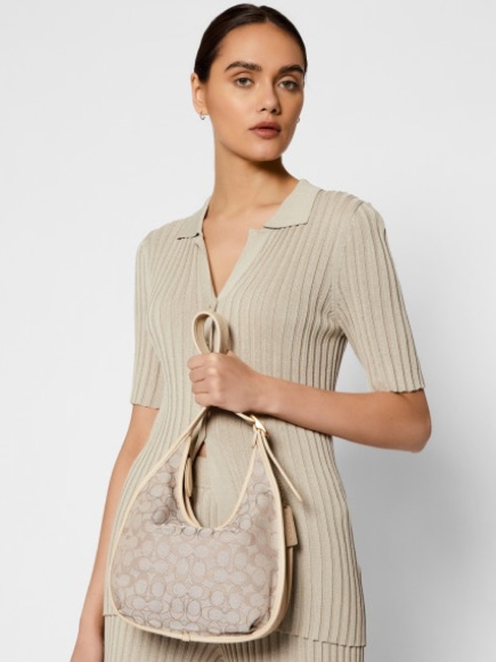 COACH C2588 Ergo Signature Jacquard Brass Stone Ivory Leather Shoulder Bag Hobo - Picture 3 of 17